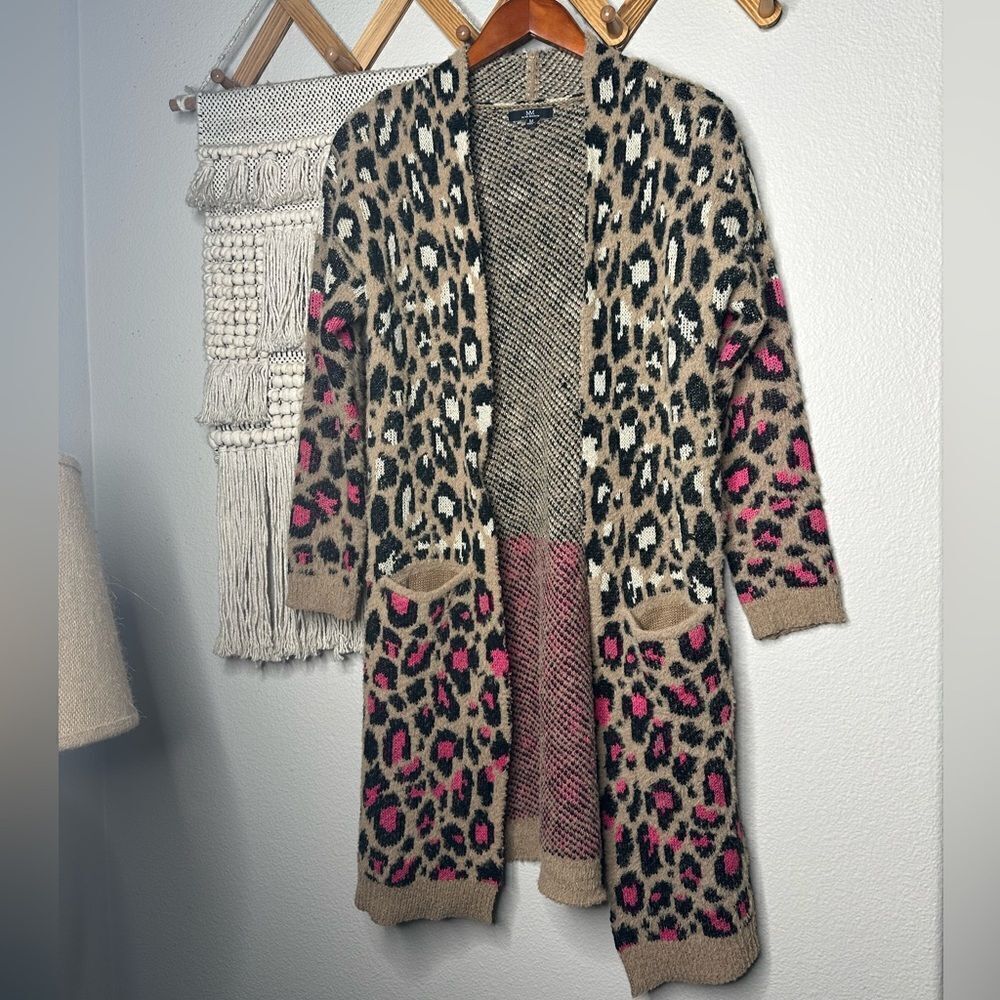 Leopard Open Front Fuzzy Cardigan Sweater M - image 1